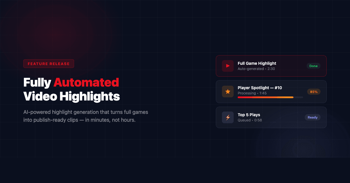 Spot Automatic Highlight Feature — AI-powered full game highlights, player spotlights, and top plays generated in minutes