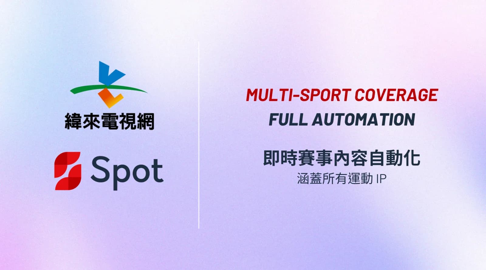 緯來電視網與 Spot 的標誌，主標為即時賽事內容自動化，涵蓋所有運動 IP