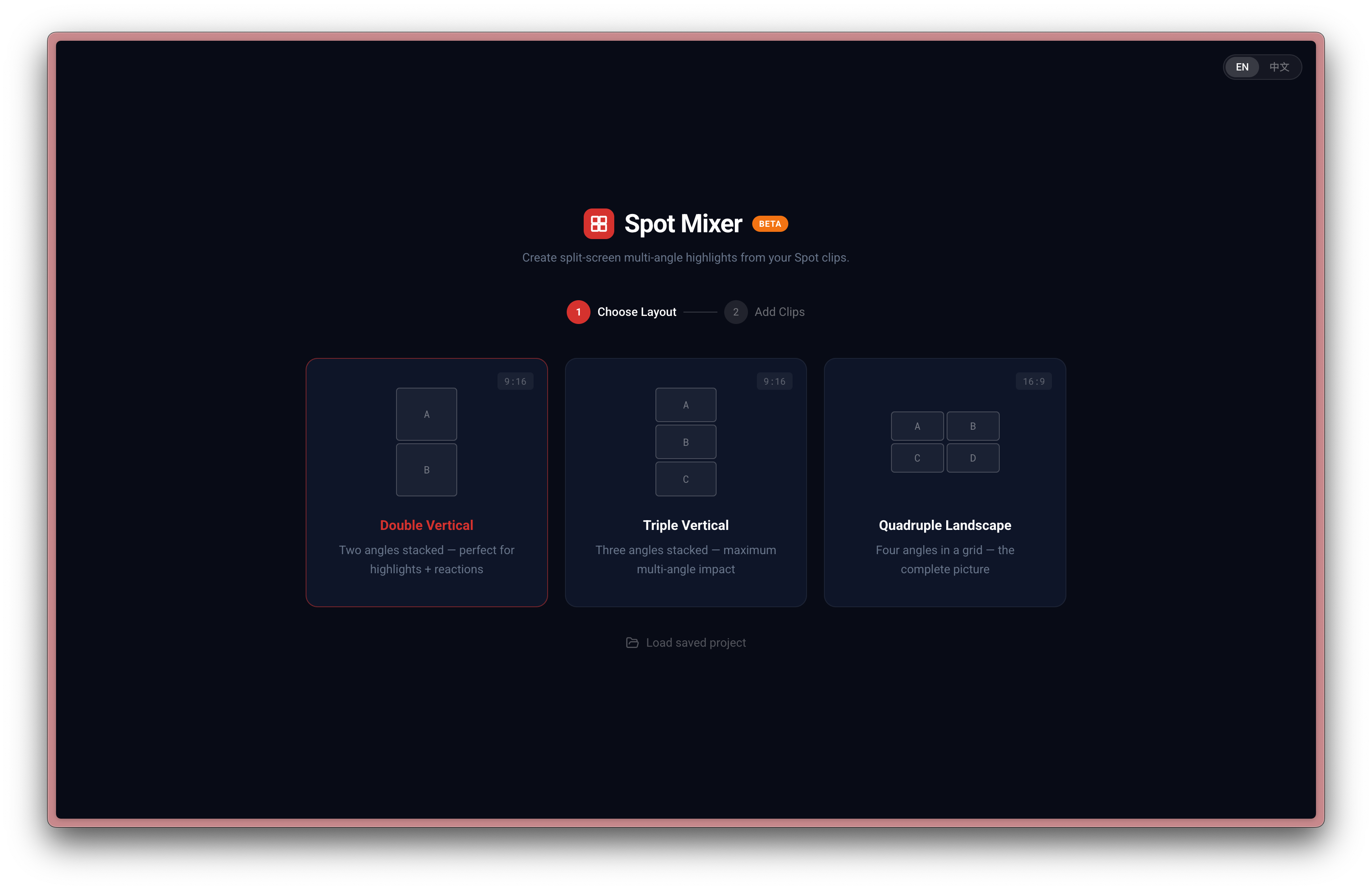 Spot Mixer interface showing layout options — Double Vertical, Triple Vertical, and Quadruple Landscape for split-screen highlights
